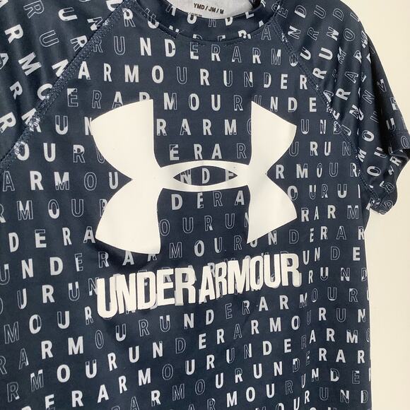 Under Armour Blue Gray White Spellout Logo Short Sleeve Athletic Tee Medium - Picture 3 of 7